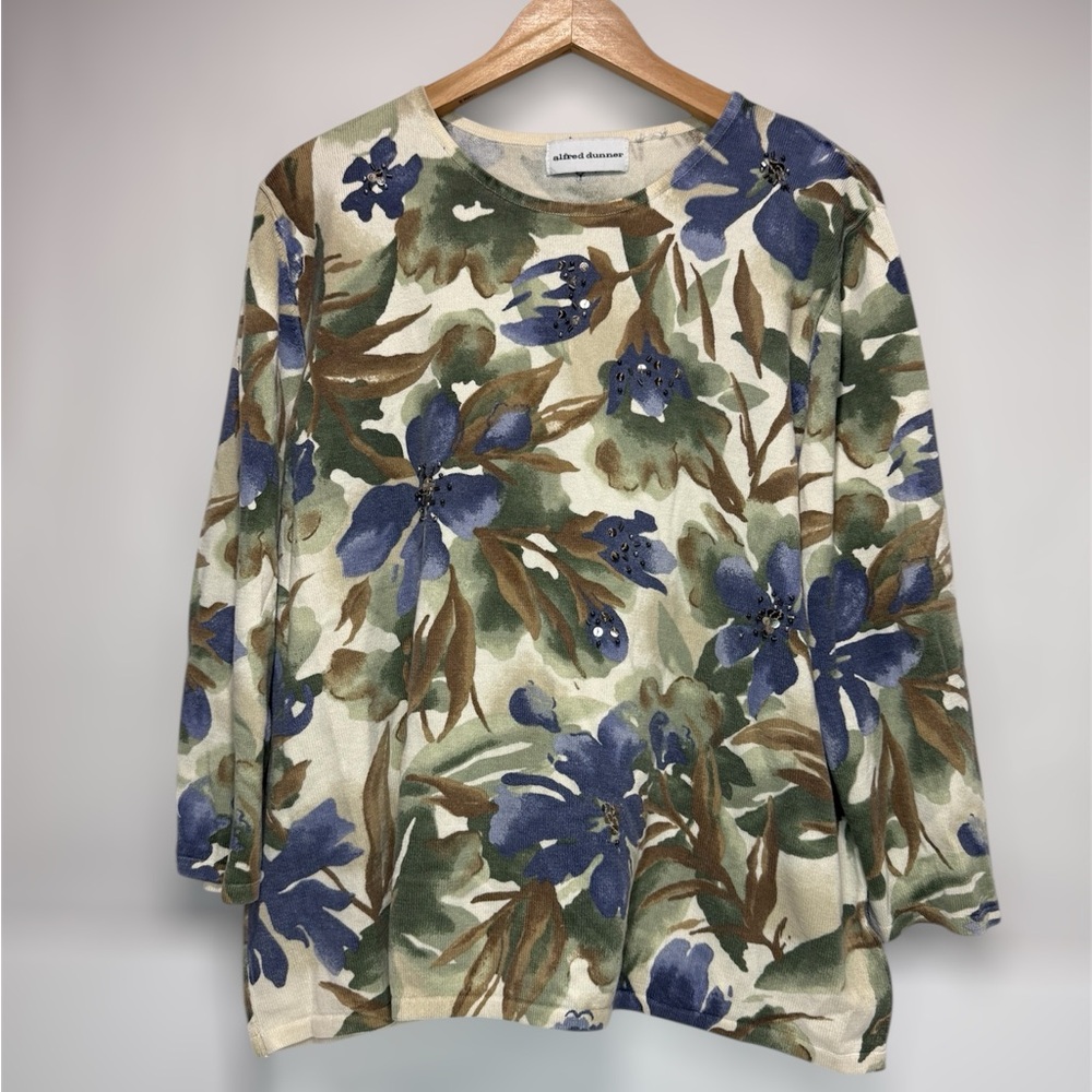VTG Women Alfred Dunner Multicolor Floral Sweater with Sequin Detail 3/4 Sleeve